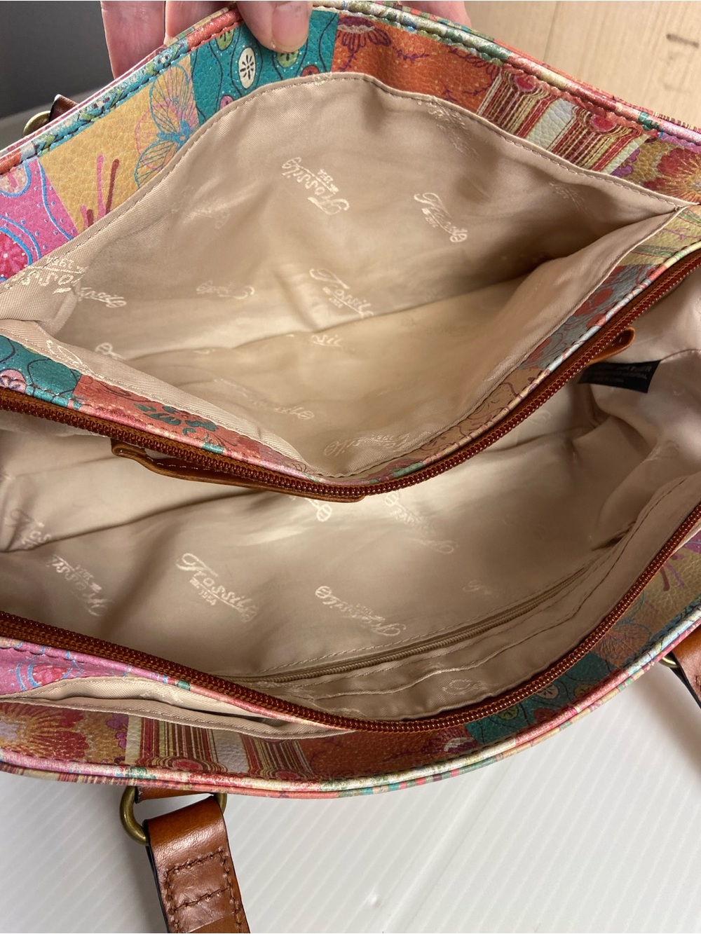 Fossil Genuine Leather Patchwork Print Shoulder Bag Boho Y2K Purse - Picture 8 of 10